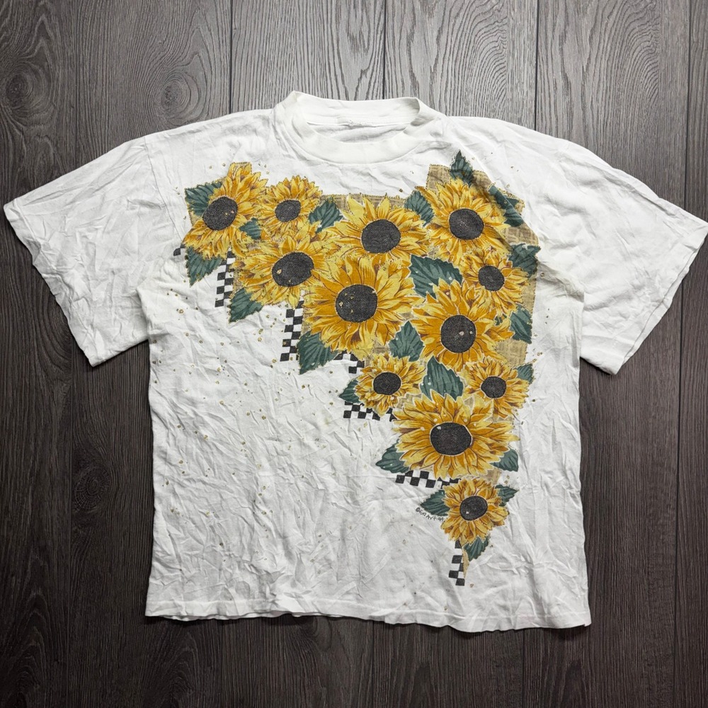 Vintage 1994 Fun Art Sunflower T-Shirt White 90s Floral Glitter Graphic Tee
